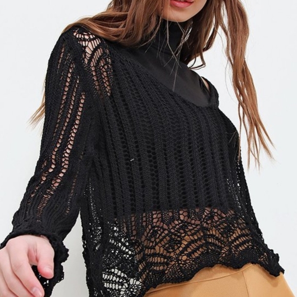 AQE Fashion Tops - Black Pointelle-Knit Crop Sweater